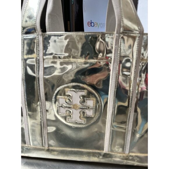 Tory Burch Vinyl Canvas Metallic Shiny Gold Large Tote Bag 16 x 11 x 7" - Picture 14 of 15